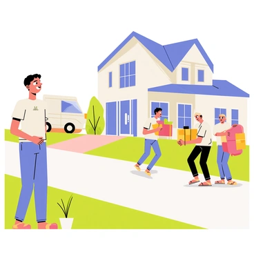 A person standing on their wooden porch is gazing across the street with an expression of envy. The person has short brown hair and is wearing a simple white t-shirt and blue jeans. In front of the person, there is a small potted plant. Across the street, movers are unloading boxes from a large moving truck parked in front of a fancy new house. The house features a modern design with large windows and a bright blue door. Several colorful boxes are being carried by the movers, and one mover is lifting a heavy piece of furniture. The scene is filled with details of a sunny day, including a clear blue sky and vibrant green grass.