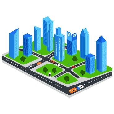 A 3D map showcasing a modern city grid filled with tall skyscrapers of various shapes and sizes. The buildings feature glass facades that reflect the sunlight, creating a vibrant scene. Busy intersections are highlighted with colorful road markings and vehicles, including cars and buses, navigating through the streets. Green parks with trees are interspersed throughout the grid, adding a touch of nature to the urban landscape. The map is viewed from an elevated perspective, allowing for a comprehensive view of the city layout and its bustling activity.