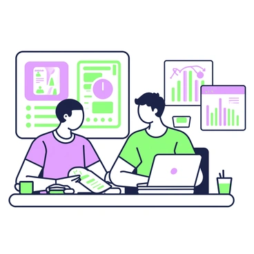 A digital marketer is sitting at a desk, focused on analyzing metrics on a laptop. The laptop screen displays various graphs and statistics. The marketer has short hair and wears a casual shirt. Around the desk, there are several campaign posters featuring slogans and images, prominently displayed on the walls. A coffee cup sits to the side of the laptop, and a notebook with a pen is open near the keyboard. In the background, a bulletin board holds additional materials related to the marketing campaigns.