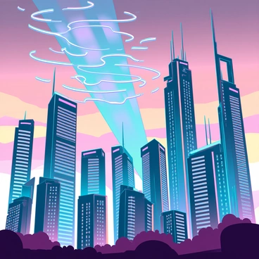 A vibrant city skyline filled with tall skyscrapers and modern architecture. The buildings are illuminated with colorful lights in shades of blue, pink, and orange. A dramatic sonic boom is visible as a shockwave radiating outward, distorting the air and creating ripples around the structures. The sky above features a mix of warm sunset hues blending with fading daylight, enhancing the dynamic scene.
