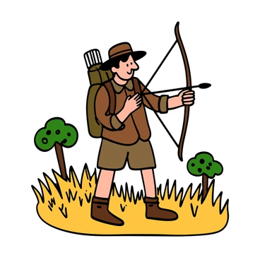 An adventurous explorer using a crossbow while on a safari in the savannah.