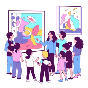 Martha, a woman with shoulder-length brown hair, is standing in front of a large, colorful "Throtem" artwork hanging on the wall of the art museum. She is wearing a blue blouse and has a warm smile as she enthusiastically points at the artwork, explaining its features. Surrounding her is a diverse group of children, each with curious expressions, some holding sketchbooks and colored pencils. The museum's interior is bright, with natural light illuminating the artworks on display, and there are other abstract pieces hanging in the background, adding to the vibrant atmosphere of the art space.