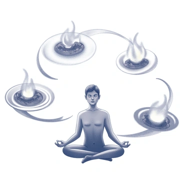 A meditative figure is seated in a cross-legged position. The figure is surrounded by swirling elements representing earth, air, fire, and water. The earth is depicted as spirals of textured soil and rocks, while air takes the form of wispy currents. The fire is illustrated with dynamic, flickering flames, and the water appears as flowing, wave-like patterns. Each element radiates outward, creating an intricate dance around the meditative figure. The scene conveys a sense of harmony and balance among the four elements.