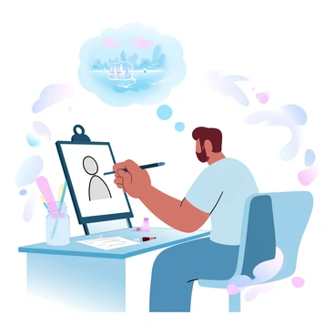An artist sitting at a cluttered desk, surrounded by tools, with a thought bubble of a complex scene but the canvas shows a simple stick figure.