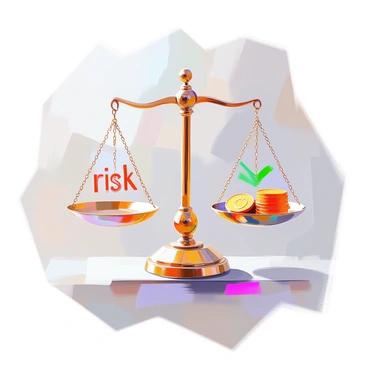 A balance scale is positioned centrally in the image, with two distinct sides. On the left side, the word "risk" is displayed prominently, surrounded by images representing caution, such as a warning sign and a downward arrow. On the right side, the word "reward" is illustrated, accompanied by imagery of upward arrows and coins, symbolizing gain. The scale is perfectly balanced, demonstrating the concept of margin trading. The background is neutral to emphasize the scale and its symbolic elements.