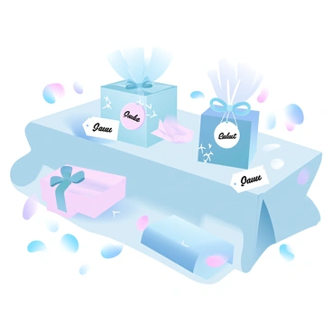 A table is covered with an elegant cloth, showcasing a variety of beautifully wrapped wedding favors for guests. Each favor is uniquely wrapped in pastel-colored paper, creating a harmonious display. The favors are adorned with delicate ribbons tied into bows, adding a festive touch. Small tags are attached to some of the favors, each one inscribed with the words "Thank You" in an artistic font. Surrounding the favors are scattered petals in complementary colors, enhancing the overall aesthetic of the setting.