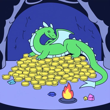 A dragon resting on a pile of treasure inside a dimly lit cave