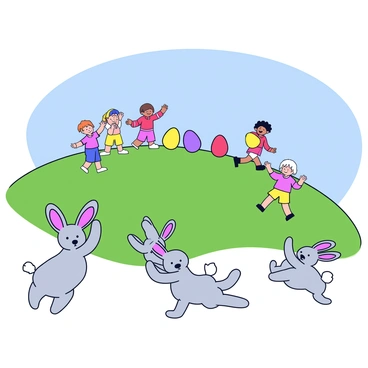 A green hillside with a gentle slope where several children are rolling colorful eggs. The children are wearing bright clothes, some in red shirts and others in yellow shorts. They appear joyful and excited as they watch the eggs roll down. In the foreground, a few bunnies are standing on their hind legs, their ears perked up, with expressions of encouragement. Some bunnies are clapping their front paws, while others are hopping around in excitement. The sky is clear and blue, adding to the cheerful atmosphere of the scene.