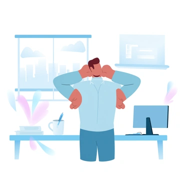An office worker is standing at their desk, engaging in shoulder rolls to relieve tension. The worker is wearing a button-up shirt and slacks, while the desk is cluttered with office supplies like pens and notepads. A computer monitor and a coffee mug are positioned on the desk. In the background, there is a window showcasing a view of a city skyline. Soft gradient pastel colors fill the scene, creating a calming atmosphere.