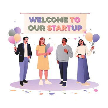 A group of four entrepreneurs is celebrating the successful launch of their startup. Two men and two women are gathered together, smiling and laughing. The first man has light skin and short black hair, wearing a navy blue blazer and white shirt. The second man has medium skin and curly brown hair, dressed in a light gray sweater and dark jeans. The first woman has light skin and long, straight red hair, wearing a bright yellow dress and holding a bunch of colorful balloons. The second woman has medium skin and curly black hair, dressed in a white blouse and blue skirt, tossing confetti into the air. The scene is filled with vibrant balloons in various colors, and the ground is covered in a sprinkle of confetti, creating a festive atmosphere. A large banner in the background reads "Welcome to Our Startup" in bold, colorful letters.