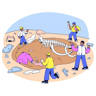 A group of archaeologists is working diligently at an excavation site. They are uncovering a massive mammoth skeleton partially buried in the earth. The skeleton consists of large, prominent bones, with the long curve of the tusks still attached. The archaeologists are dressed in protective clothing, wearing gloves and hard hats as they carefully brush away dirt from the bones. There are tools scattered around such as digging spades and brushes. The background features a rugged terrain, with sparse vegetation and a clear blue sky overhead.