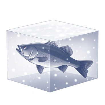 A largemouth bass swimming beneath a clear sheet of ice. The fish has a streamlined body and a pronounced jaw, with distinct markings on its scales. Snowflakes are gently falling through the water, creating soft ripples around the bass. The ice above is textured and slightly opaque, allowing muted light to filter through. The surrounding water is calm, and the bass is gliding gracefully, with its fins spread out, navigating the underwater scene.