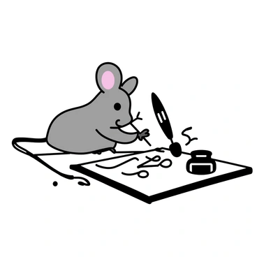 A small gray mouse sitting on a wooden desk, holding a quill pen with its tiny paws. The mouse is focused on writing in elegant calligraphy on a piece of parchment laid out in front of it. The parchment is slightly crumpled, indicating its use, and there are small inkwells on the desk. The mouse's whiskers are slightly curled as it concentrates, and there are some scattered ink splotches around the desk.