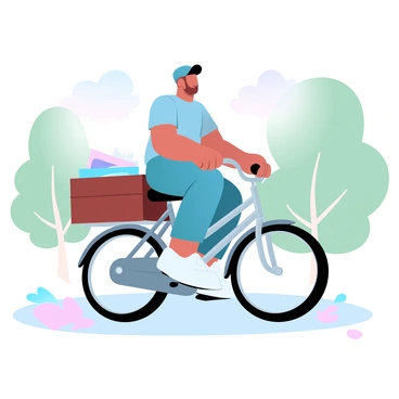 A postman is riding a bicycle with a large basket attached to the front, filled with letters and colorful packages. The postman is wearing a blue uniform with a cap, and his hands are firmly gripping the handlebars. The bicycle has a vintage design with a shiny frame. The surrounding environment features green trees and a clear sky with pastel gradient colors blending together. Scattered along the path are a few fallen leaves, adding to the scene's detail.