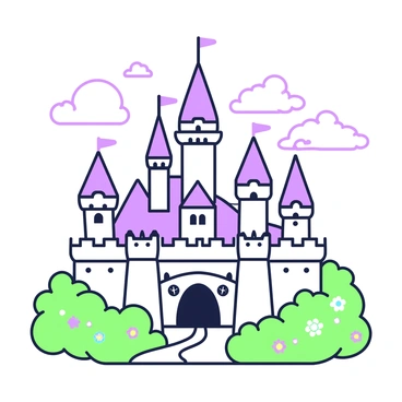 A fairy tale castle is prominently featured in the center of the image. The castle has tall spires and turrets, with intricate architectural details on its walls. Soft, fluffy clouds surround the castle, creating a dreamy atmosphere. In the foreground, a pathway leads up to the castle gates, lined with lush greenery and whimsical flowers. Above the castle, a few birds can be seen flying in the sky, adding to the enchanting scene.