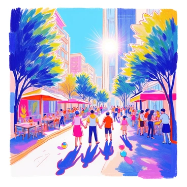 A diverse group of people is strolling along the street in front of "Landmark 81". Some individuals are holding hands, while others are engaged in conversation. A couple of children are playing with a colorful ball nearby. The sun is shining brightly, casting distinct shadows on the pavement. Lush green trees line the street, and there are outdoor cafes with tables and umbrellas. Several people are sipping drinks and enjoying the pleasant weather. The tall structure of "Landmark 81" looms majestically in the background, reflecting sunlight.