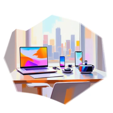 An illustrated report featuring a modern workspace showcasing the latest technology innovations and gadgets. The report includes various devices such as a sleek laptop with a vibrant display, a smartphone with a holographic interface, and a smartwatch on a desk. There are also virtual reality goggles resting next to a set of wireless earbuds. The devices are arranged attractively on a wooden desk, and a modern chair is positioned nearby. Additionally, a backdrop of a futuristic city skyline can be seen through a large window, emphasizing the theme of innovation.