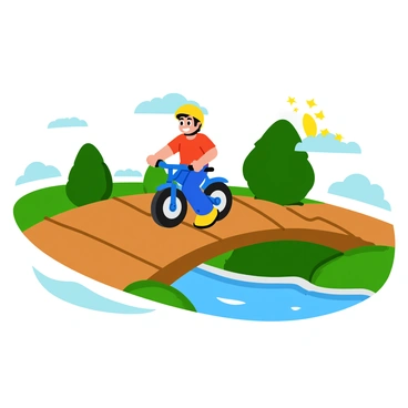 A child riding a small blue bike across a wooden bridge. The bridge features sturdy wooden planks with visible grain patterns and a slight arch. The child is wearing a bright yellow helmet and a red t-shirt. There are green trees in the background, and a small stream can be seen flowing beneath the bridge. Sunlight casts playful shadows on the bridge as the child pedals happily.