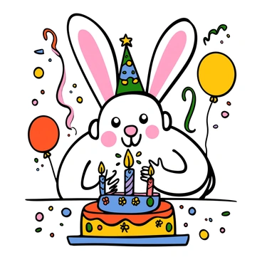 A rabbit girl with long ears and big eyes is sitting at a table, blowing out candles on a colorful birthday cake. She has fluffy white fur and is wearing a party hat adorned with stars. The cake is decorated with vibrant icing, small flowers, and colorful sprinkles. Surrounding the cake are festive balloons and streamers, creating a cheerful atmosphere. The rabbit girl has a joyful expression, reflecting excitement and happiness as she prepares to make a birthday wish.
