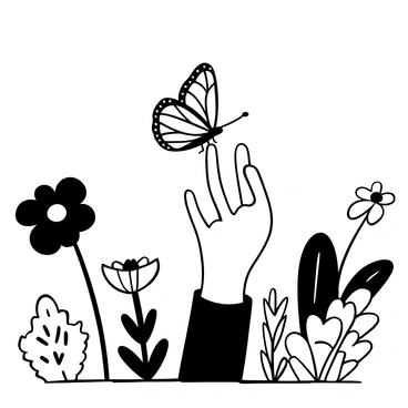A butterfly with intricate wing patterns perched delicately on a person's fingertip. The person's hand is shown reaching out, with fingers slightly curved to support the butterfly. The environment is filled with various plants and flowers in the background, suggesting a natural setting. The butterfly appears poised and ready to take flight, with its wings slightly open, capturing the moment of anticipation.