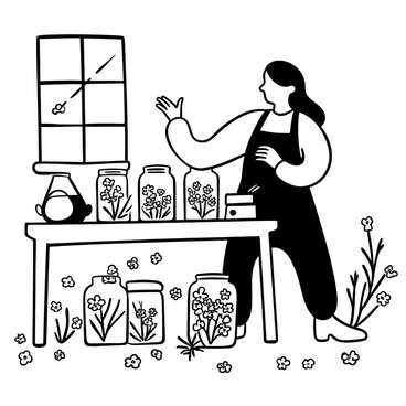 An herbalist with long hair wearing an apron is carefully arranging dried "calendula flowers" inside several clear glass jars. The jars are placed on a wooden table, with some jars already filled and others waiting to be filled. Scattered around the table are loose "calendula flowers" and a few sprigs of green herbs. Sunlight streams in from a nearby window, casting intricate shadows on the table surface. A small set of scales and a notebook can be seen in the background, hinting at the herbalist's meticulous work.