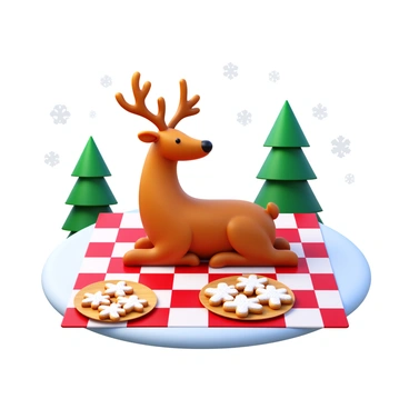 A reindeer sitting on a red and white checkered blanket in a snowy landscape. The reindeer has a soft brown coat and large antlers. Next to it, there are several snowflake-shaped cookies arranged on a small wooden plate, dusted with powdered sugar. Surrounding the blanket are gently falling snowflakes and a few evergreen trees in the background, completing the winter picnic scene.
