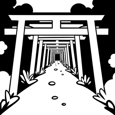 A pathway lined with numerous "red torii gates," each towering and arched, creating a tunnel-like effect. The gates are arranged closely together, leading into a dense area filled with foliage on either side. The ground is paved with stones, with patches of greenery emerging between them. The perspective draws the viewer through the gates, highlighting the repetition of their structure and the inviting nature of the path ahead.