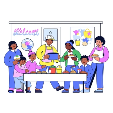 A family volunteering at a local shelter, serving meals and helping those in need.