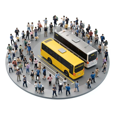 A busy bus terminal filled with commuters in motion. Groups of people are hurrying in different directions, some carrying large backpacks while others hold coffee cups. Many are wearing casual business attire, such as dress shirts, blouses, and slacks. The terminal features several buses lined up at the curb, with one bright yellow bus prominently displaying the sign "NEW SERVICE" in bold letters. There are electronic displays showing arrival and departure times and a few benches where some commuters are waiting. The atmosphere is dynamic and crowded, with a variety of expressions on the faces of the commuters.