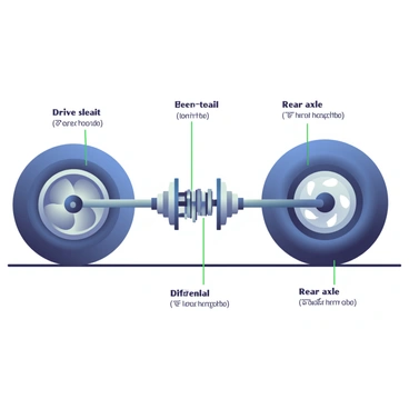 A technical illustration of a truck's axle system is displayed prominently. The focus is on the wheels, which are oversized and detailed, showing the tread patterns and metallic rims. Each wheel is connected to the axle, which extends across the bottom of the image. The differential is situated at the center of the axle system and is highlighted, showcasing its gears and components. Detailed annotations in "technical text" label the various parts of the axle system, including "drive shaft," "rear axle," and "wheel hub." The background is neutral to ensure the axle system stands out clearly, emphasizing its mechanical features.