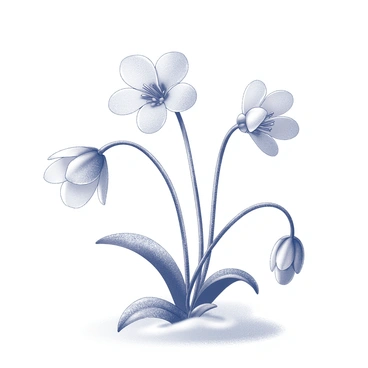 A collection of delicate flowers with intricate petals is blooming in a winter landscape. The flowers are surrounded by snow-covered branches that arc gracefully overhead. Frost crystals shimmer on the edges of the petals, adding a touch of elegance to the scene. The ground is blanketed in thick, white snow, enhancing the contrast between the flowers and their frosty environment.