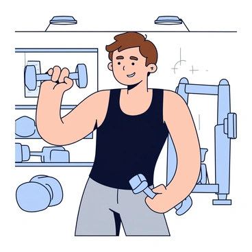 A person with short brown hair is performing a bicep curl with a light blue dumbbell. They are wearing a fitted black tank top and gray workout shorts. The gym setting features various exercise equipment in the background, including a weight bench and a rack of dumbbells. Bright overhead lights illuminate the area, highlighting the person's focused expression as they lift the dumbbell towards their shoulder.