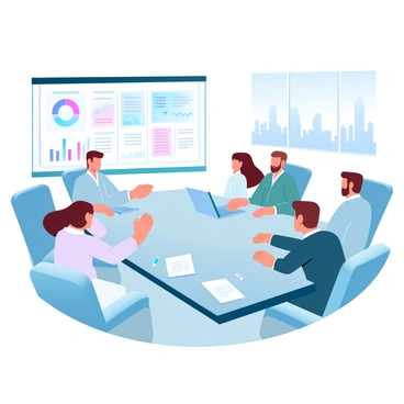 A group of four executives is gathered around a glossy conference table in a sleek boardroom. They are engaged in discussion, with a laptop open in front of them displaying graphs and charts. A large digital screen on the wall shows a colorful strategy plan, featuring various diagrams and bullet points. The room is decorated with modern furniture and has large windows that provide a view of a city skyline. Several notepads and pens are placed on the table, indicating preparation for the meeting.