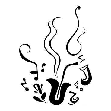 Cigarette smoke rising and swirling gracefully, transforming into various musical notes and instruments. The smoke forms distinct shapes like a treble clef, a saxophone, and a trumpet. The background features an abstract arrangement of additional musical symbols and instruments, creating a dynamic visual rhythm throughout the composition.