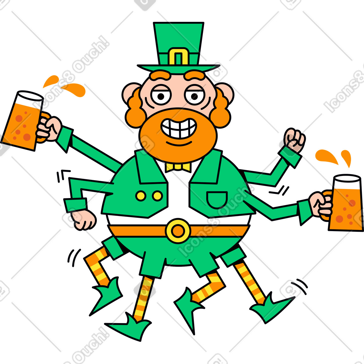 Ilustración Personaje disfrazado de duende irlandés con tazas en estilo Droll a descargar en PNG y SVG