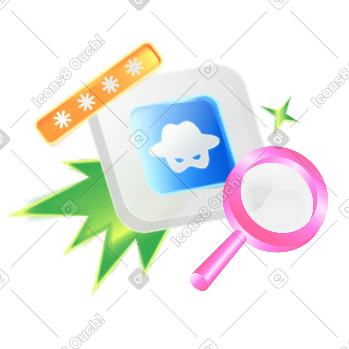 Magnifying glass over hacker icon and password, Personal data security and cyber safety illustration in PNG, SVG