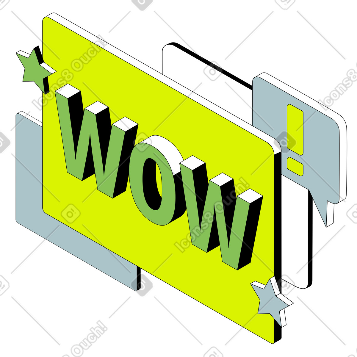 スタイルの Isometric wow and stars on colorful sign, Excitement or positive response banner のイラストをPNG、SVG形式でダウンロード