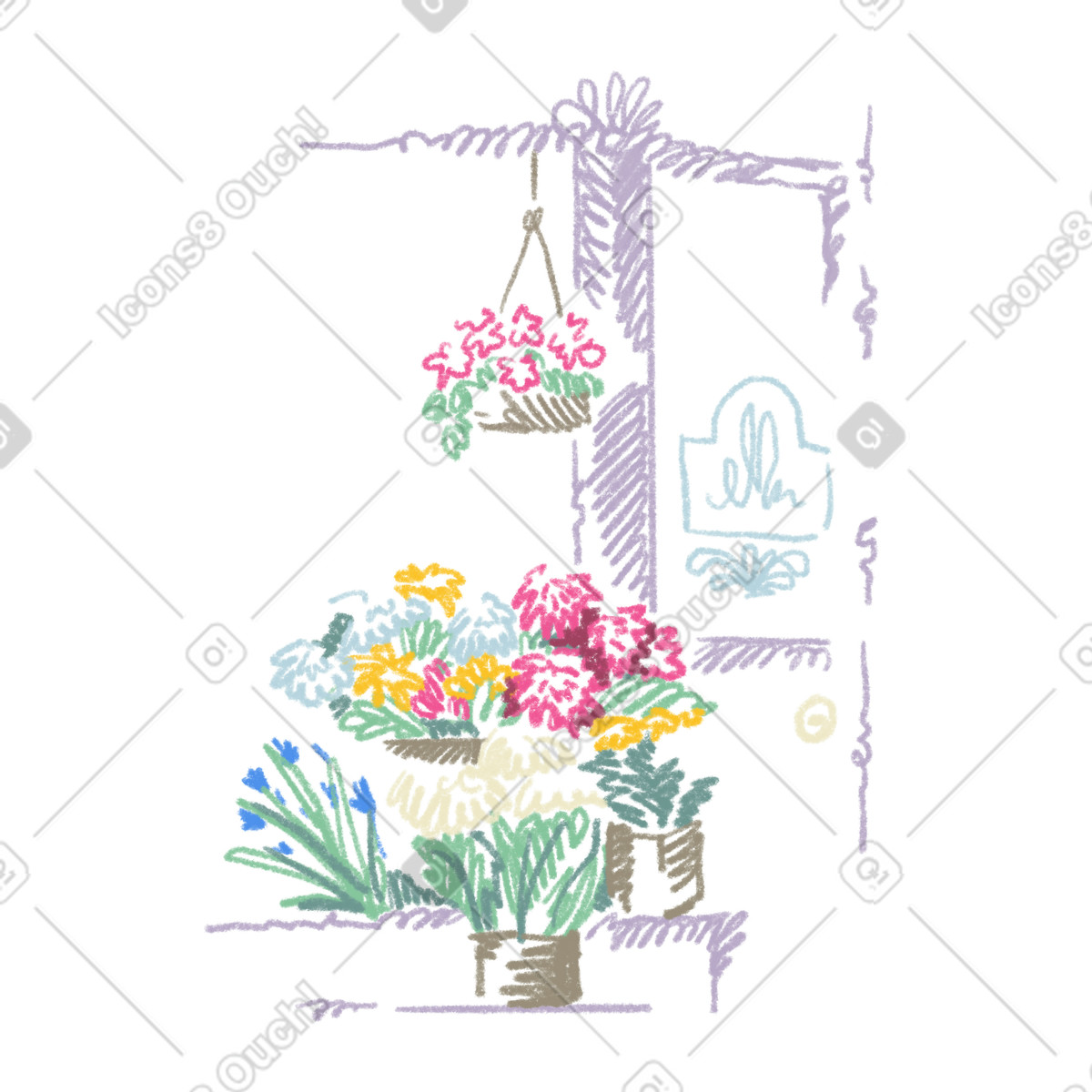 Blumenladen mit blumensträußen und türschild-Illustration im Sketchbook-Stil als Download in PNG, SVG