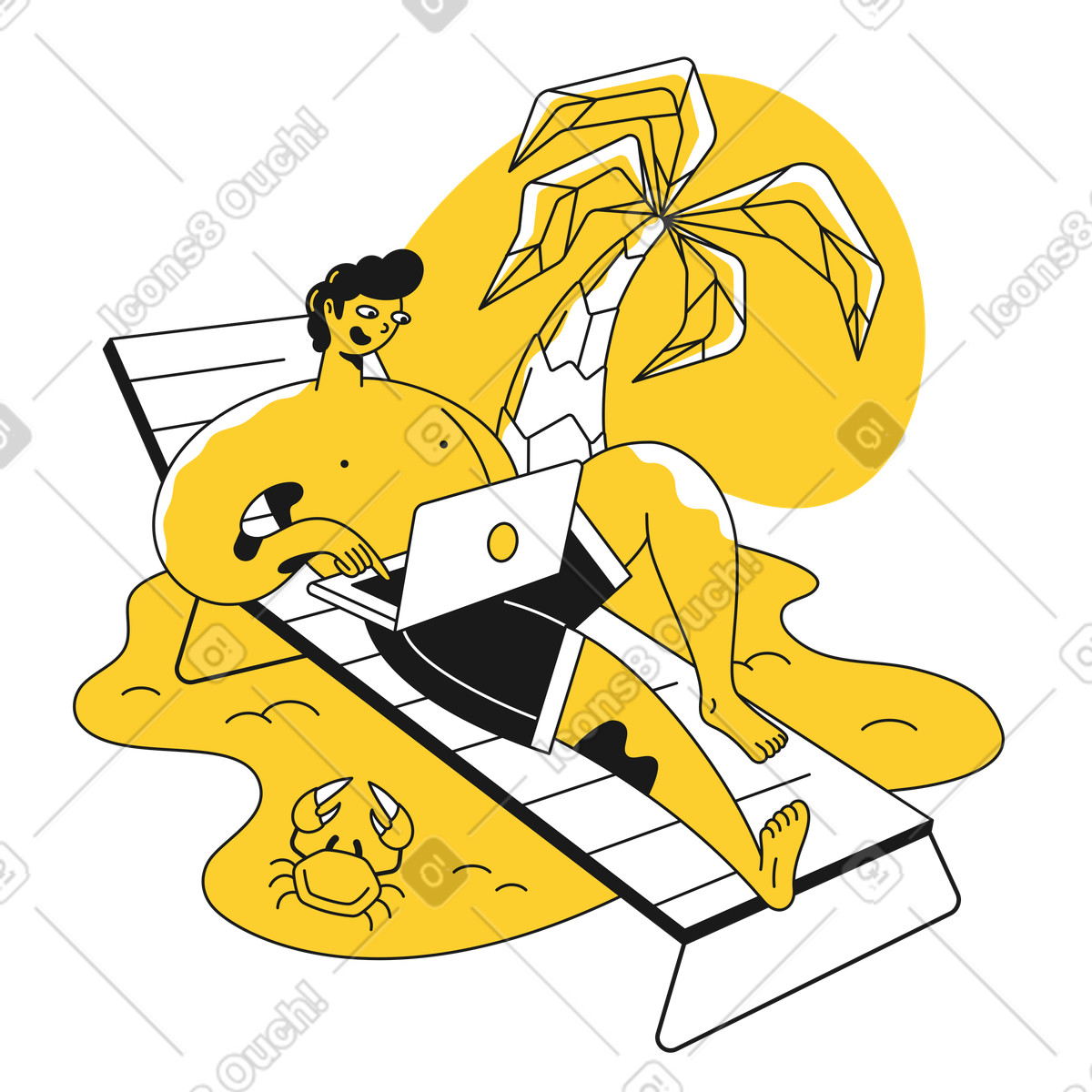 Mann, der aus ferne am strand arbeitet-Illustration im Taxi-Stil als Download in PNG, SVG