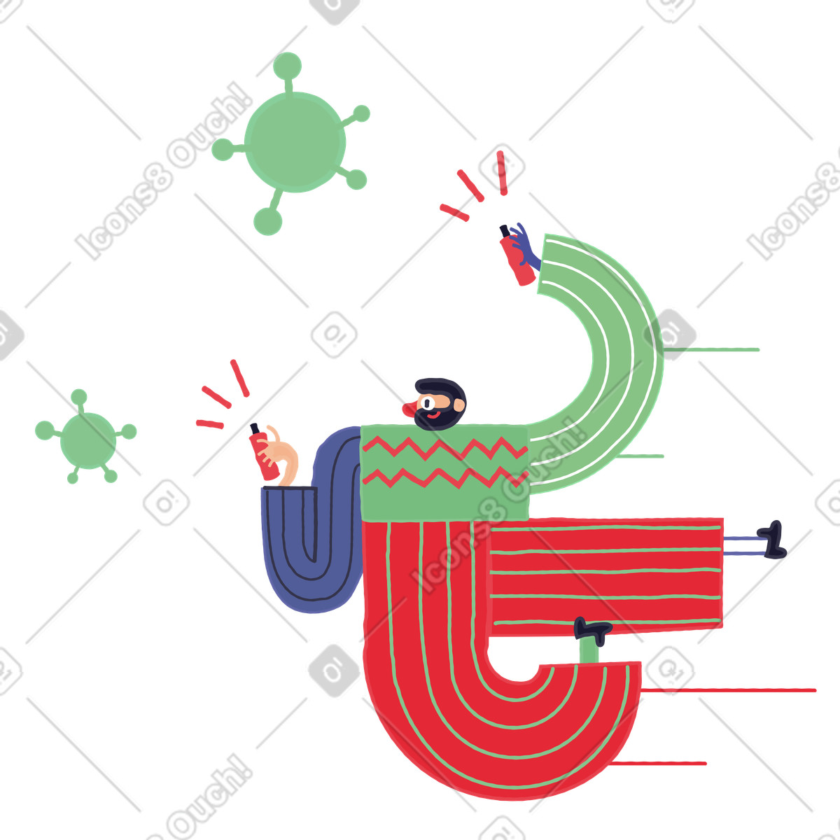 Man fighting coronavirus molecules illustration in Stripy style download in PNG, SVG