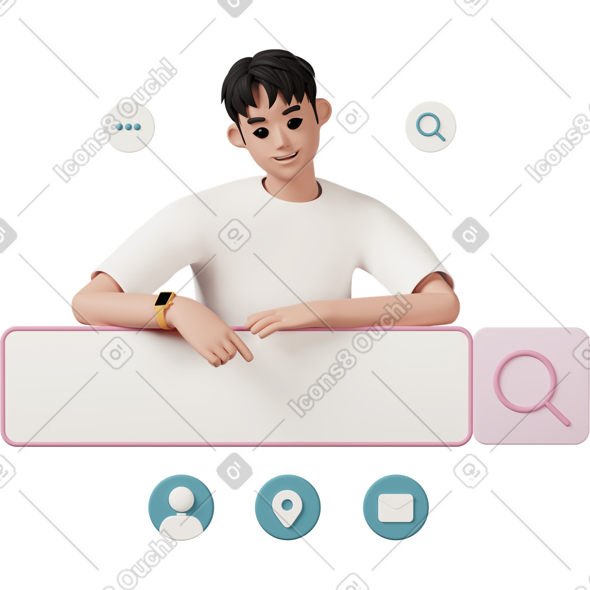 3D Casual life 스타일의 Young man pointing at search bar 일러스트레이션 PNG, SVG 다운로드