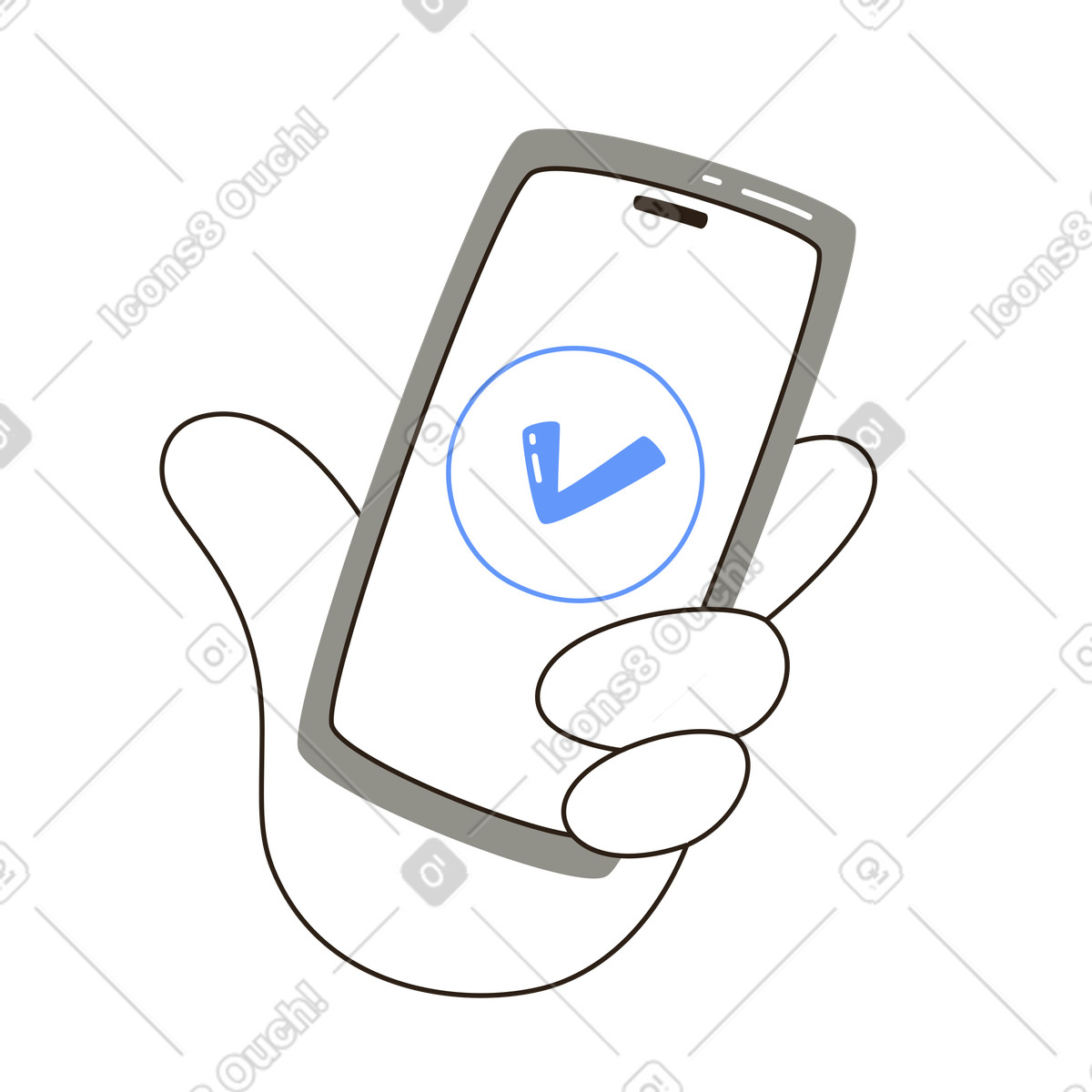 Mano sosteniendo un teléfono inteligente con una marca de verificación, confirmación y aprobación de la aplicación móvil illustration in PNG, SVG