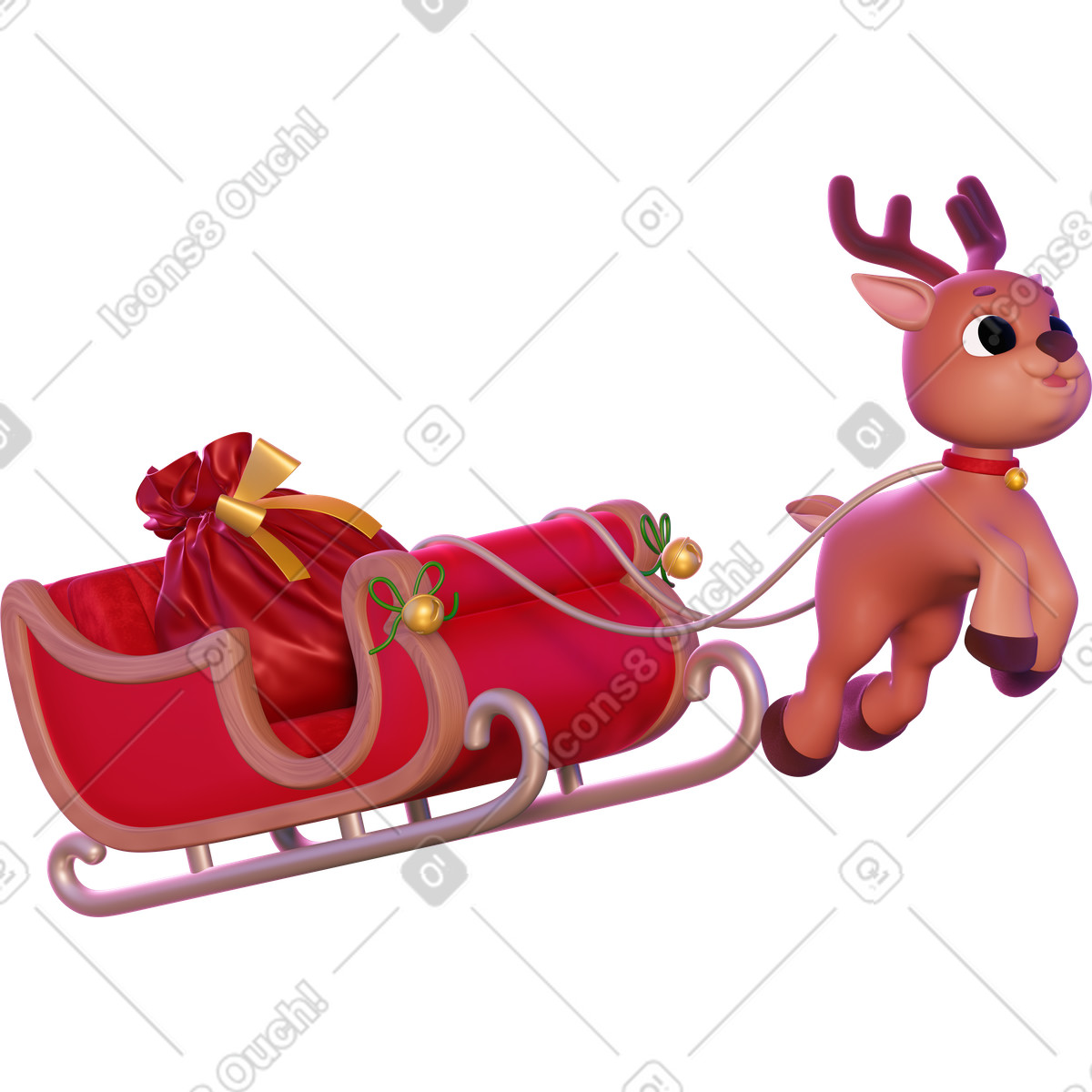 Illustration Renne de noël transportant des cadeaux dans un traîneau le style 3D Holidays à télécharger aux formats PNG, SVG