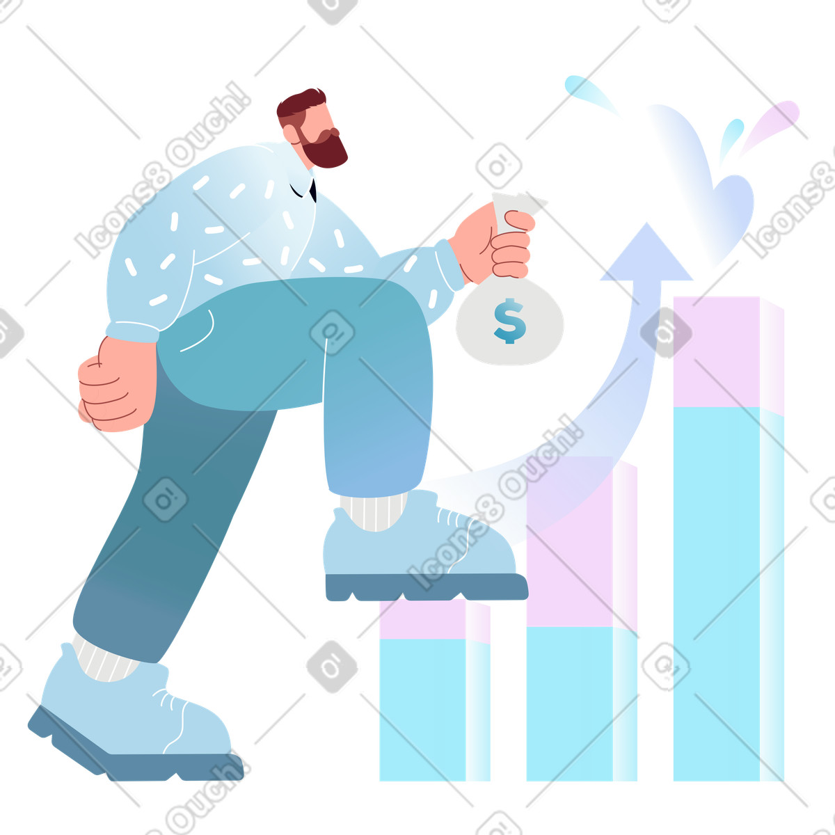 Businessman climbing bar chart with money bag, Career growth or business success illustration in Airy style download in PNG, SVG