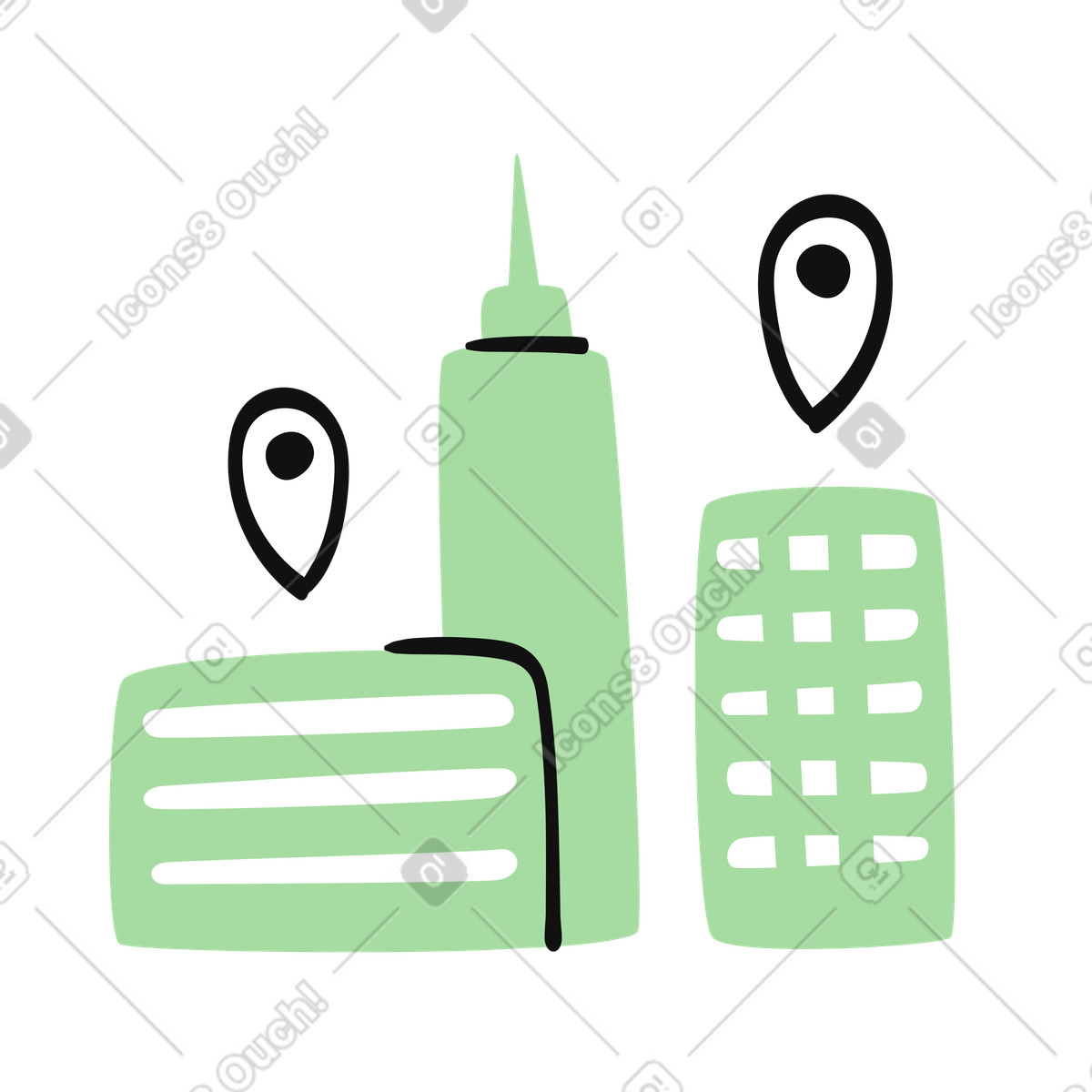 Organic スタイルの City buildings with location pins for urban navigation and mapping services のイラストをPNG、SVG形式でダウンロード