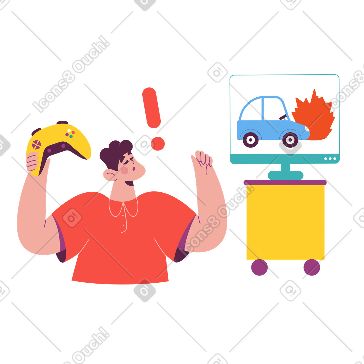 Player with gamepad reacting to racing game accident, Competitive gaming illustration in Sammy style download in PNG, SVG