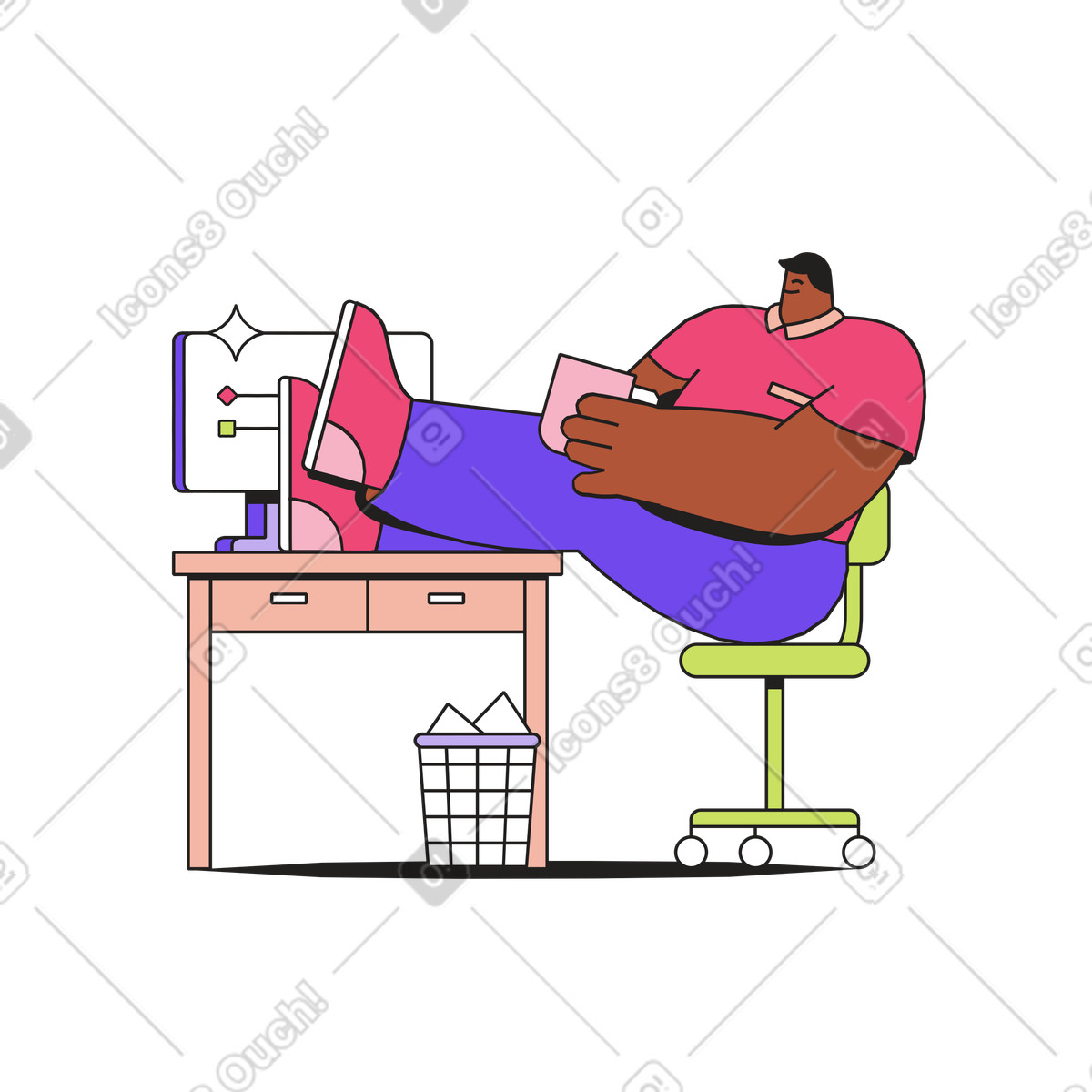 Ilustração animada de Homem sentado perto do computador com copo em no estilo Dazzle para baixar em GIF, Lottie (JSON), AE