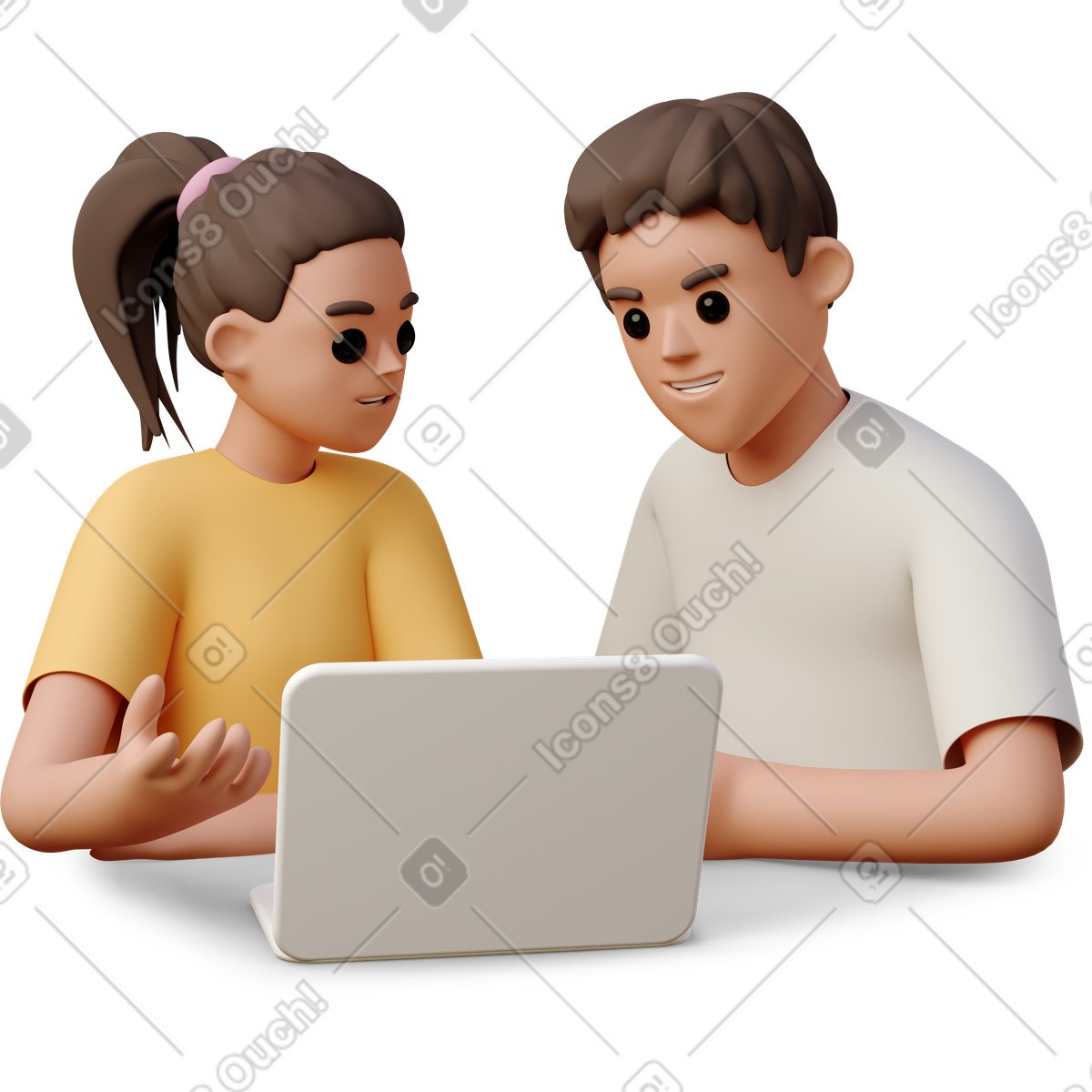 3D Casual life スタイルの Boy and girl sitting in front of laptop のイラストをPNG、SVG形式でダウンロード