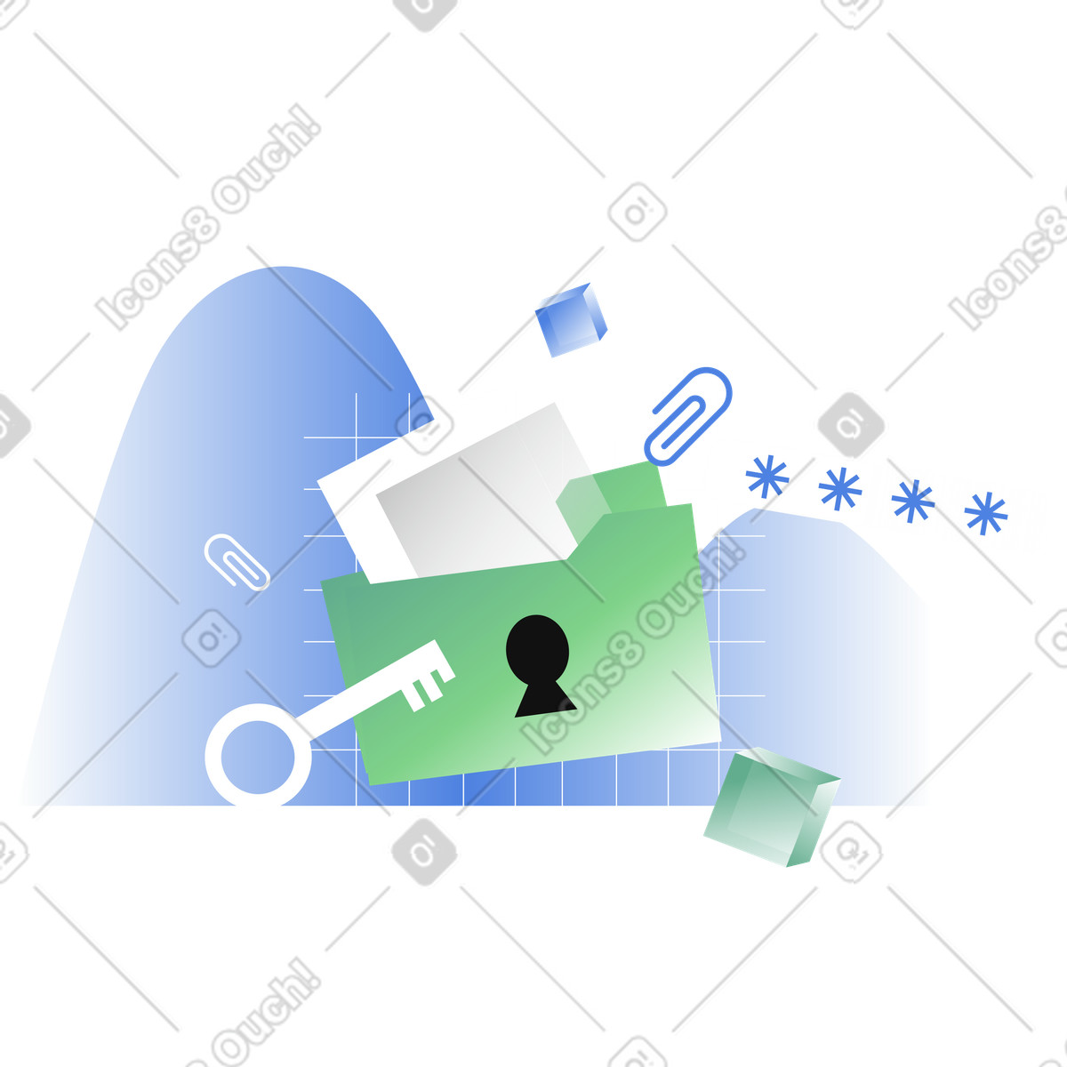 Secure folder with encryption key and password, cyber defense and digital data protection animated illustration in GIF, Lottie (JSON), AE