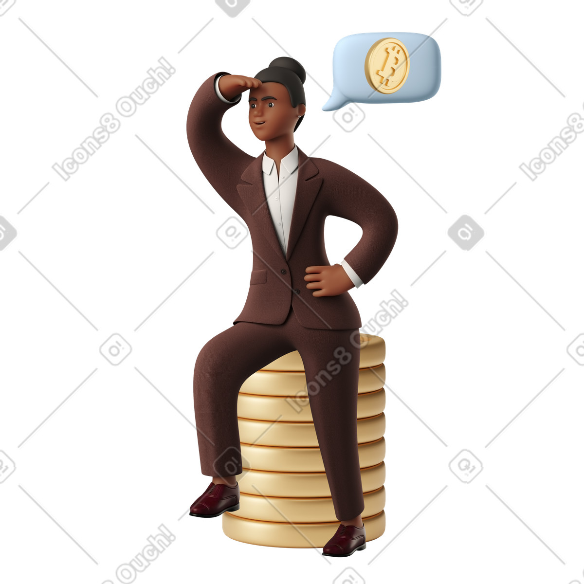 Ilustración Empresaria en traje rojo busca de bitcoins estilo 3D Business a descargar PNG y SVG